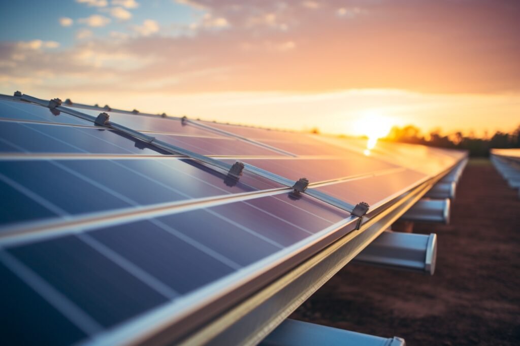 Solar panels farm eco energy at sunset view